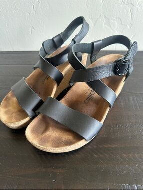Birkenstock Papillio Black Leather Wedge Strappy Buckle Sandals